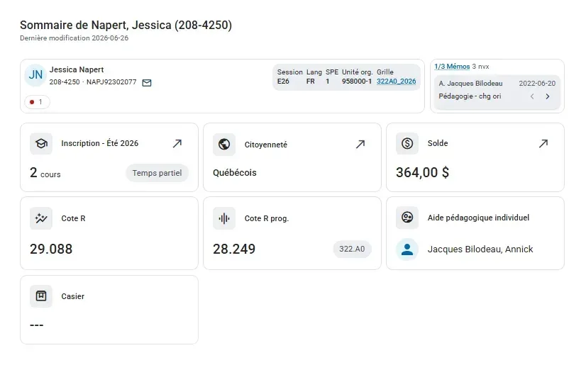 Capture d'écran du dossier de l'étudiant dans Clara
