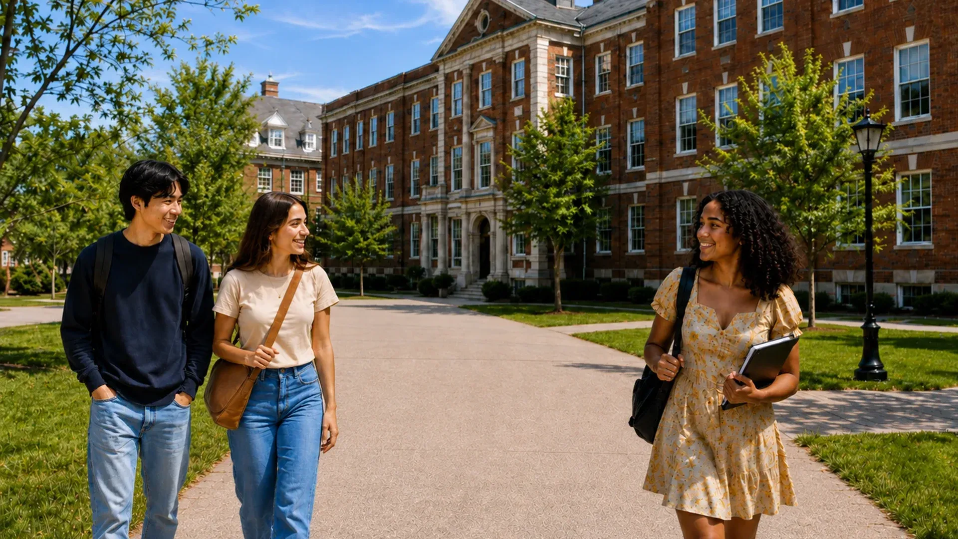 Étudiants heureux se baladant sur un campus de collège