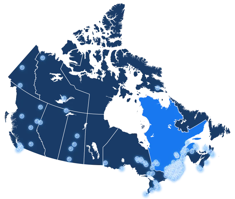 Carte du Canada avec des points illuminés représentant des clients à travers le pays